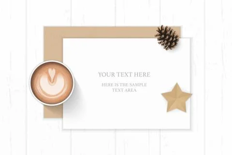 Flat lay top view elegant white composition paper kraft envelope pine cone co Stock Illustration