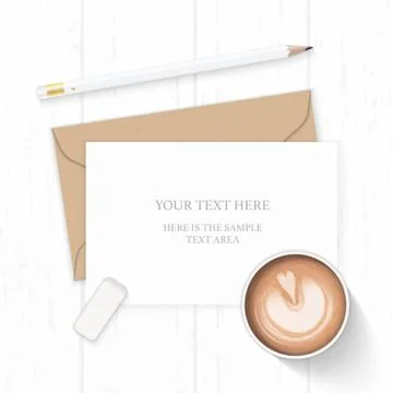 Flat lay top view elegant white composition letter kraft paper envelope penci Illustrazione stock