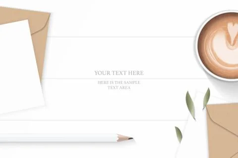 Flat lay top view elegant white composition letter kraft paper envelope leaf  Stock Illustration