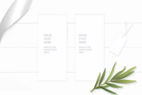 Flat lay top view elegant white composition paper tarragon leaf tag and silve Stock Illustration