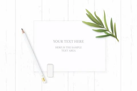 Flat lay top view elegant white composition paper pencil eraser and tarragon  Stock Illustration