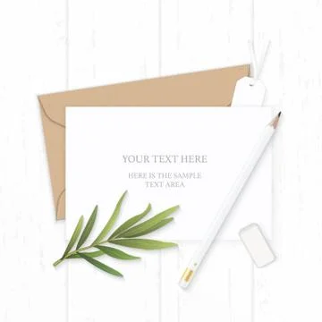 Flat lay top view elegant white composition letter kraft paper envelope penci Illustrazione stock