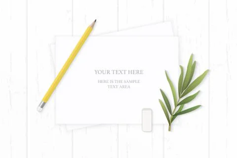 Flat lay top view elegant white composition yellow pencil tarragon leaf and e Stock Illustration