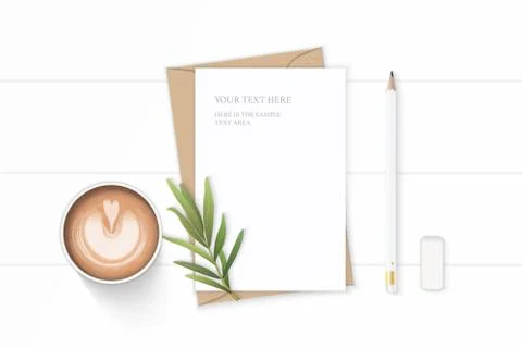 Flat lay top view elegant white composition letter kraft paper envelope coffe Stock Illustration