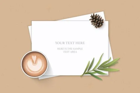 Flat lay top view elegant white composition paper pine cone tarragon leaf and Stock Illustration