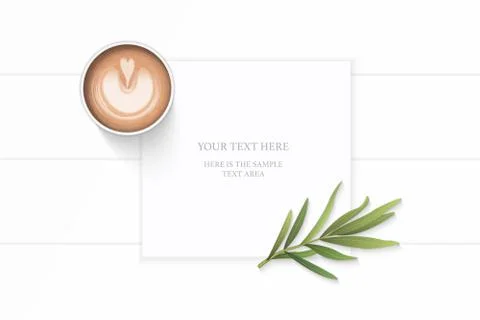 Flat lay top view elegant white composition paper brown tarragon leaf and cof Stock Illustration