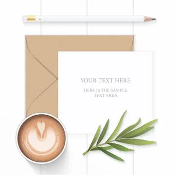 Flat lay top view elegant white composition paper brown kraft envelope pencil Illustrazione stock