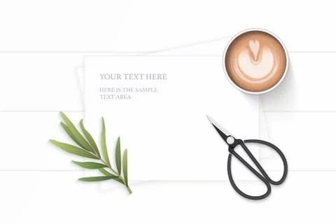 Flat lay top view elegant white composition paper nature tarragon leaf coffee Stock Illustration