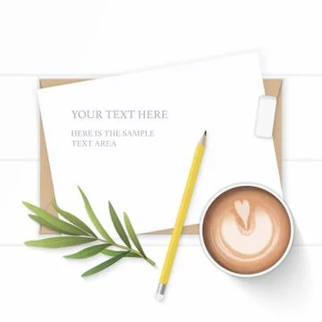 Flat lay top view elegant white composition paper kraft envelope yellow penci Illustrazione stock