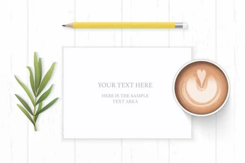Flat lay top view elegant white composition paper yellow pencil tarragon leaf Stock Illustration