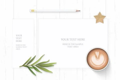 Flat lay top view elegant white composition paper pencil coffee tarragon leaf Stock Illustration