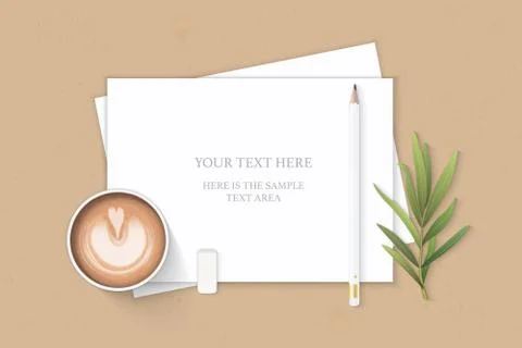Flat lay top view elegant white composition paper pencil eraser tarragon leaf Stock Illustration