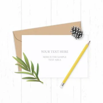 Flat lay top view elegant white composition letter kraft paper envelope pine  Illustrazione stock