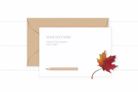 Flat lay top view elegant white composition letter kraft paper envelope penci Illustrazione stock