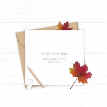 Flat lay top view elegant white composition letter kraft paper envelope autum Illustrazione stock