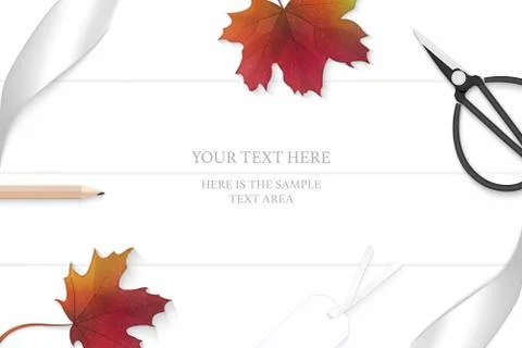 Flat lay top view elegant white composition silver ribbon autumn maple leaf p イラスト素材