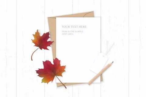 Flat lay top view elegant white composition letter kraft paper envelope penci Illustrazione stock
