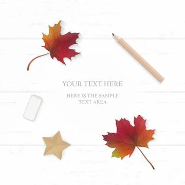 Flat lay top view elegant white composition paper autumn maple leaf pencil er Stock Illustration