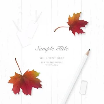 Flat lay top view elegant composition paper autumn maple leaf tags and pencil Stock Illustration