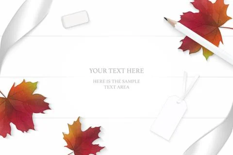Flat lay top view elegant white composition silver ribbon pencil autumn maple イラスト素材