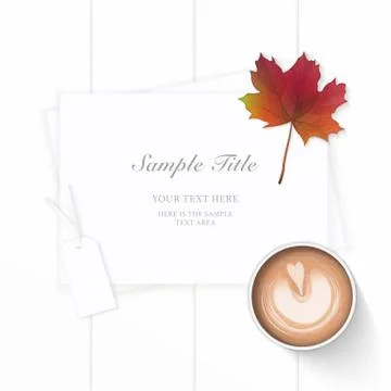 Flat lay top view elegant white composition paper coffee autumn maple leaf an Stock Illustration