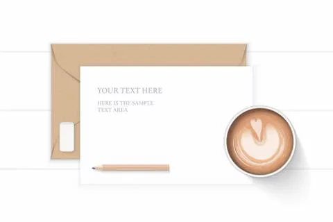 Flat lay top view elegant white composition letter kraft paper envelope coffe Illustrazione stock