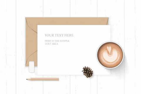 Flat lay top view elegant white composition letter kraft paper envelope pine  Stock Illustration