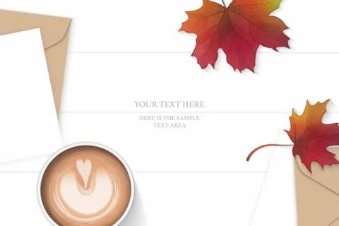 Flat lay top view elegant white composition letter kraft paper envelope autum Illustrazione stock
