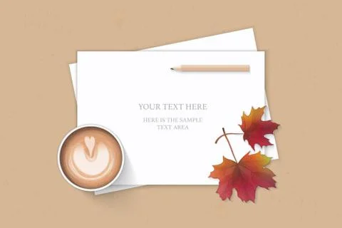 Flat lay top view elegant white composition paper autumn maple leaf pencil an Stock Illustration