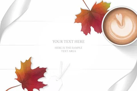 Flat lay top view elegant white composition silver ribbon autumn maple leaf t イラスト素材