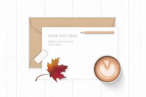 Flat lay top view elegant white composition letter kraft paper envelope penci Illustrazione stock