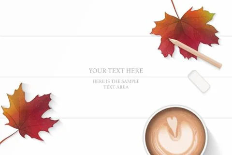 Flat lay top view elegant white composition pencil eraser autumn maple leaf a Stock Illustration