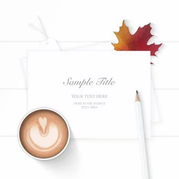 Flat lay top view elegant white composition paper autumn maple leaf tag coffe Stock Illustration