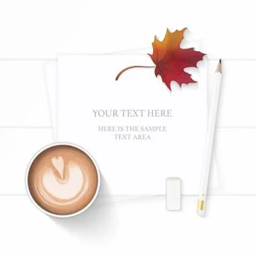 Flat lay top view elegant white composition paper coffee drink autumn maple l Stock Illustration