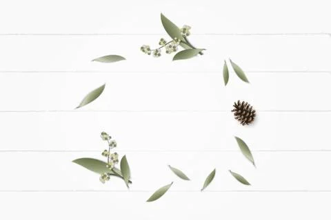 Flat lay top view elegant white composition paper botanic garden plant leaf f Stock Photos