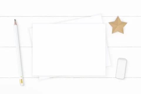 Flat lay top view elegant white composition paper pencil eraser and star shap Stock Photos