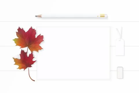 Flat lay top view elegant white composition paper yellow pencil eraser autumn Stock Photos