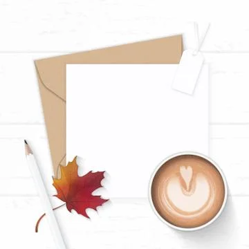 Flat lay top view elegant white composition letter kraft paper envelope penci Stock Photos