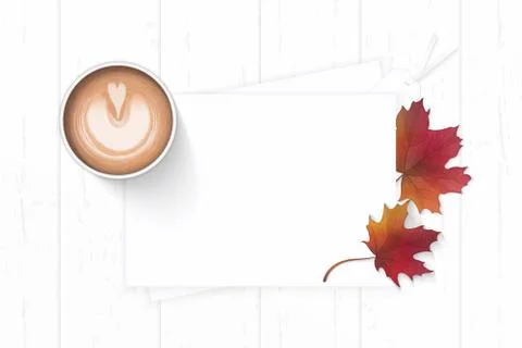 Flat lay top view elegant white composition paper autumn maple leaf and coffe Stock Photos