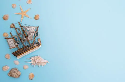 Flat lay. Top view. Frame of shells of various kinds on a blue background. Se Foto stock