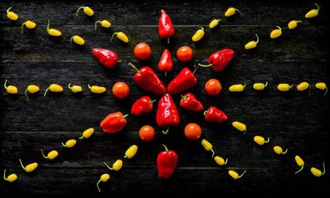 Flat Lay Top View Geometric pattern with Tomato and Chili Pepper Flat Lay ... Stock Photos