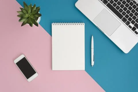 Flat lay top view of laptop, notepad, pen, mobile phone and succulent on blue Stock Photos