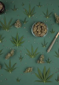 Flat lay, Top view of marijuana leaves and cannabis buds, cbd concept Stock Photos