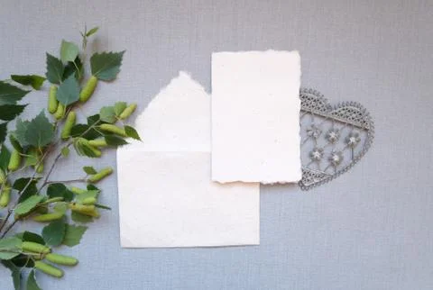 Flat lay top view mockup composition blank card and envelope in vintage style Stock Photos
