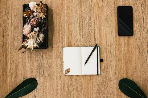 Flat lay, top view of a notepad with white paper and pen for planning Stock Photos