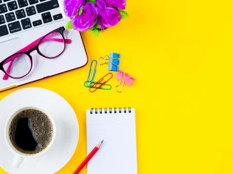 Flat lay, top view office table desk frame. office accessories including calc Stock Photos