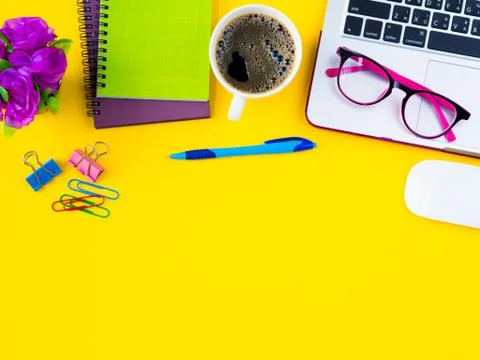 Flat lay, top view office table desk frame. feminine desk workspace with offi Stock Photos