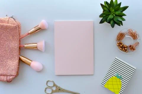 Flat lay, top view office table desk workspace with office and beauty with Stock Photos
