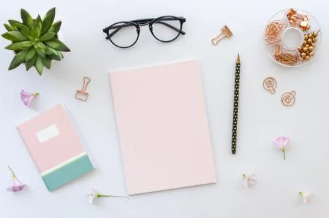 Flat lay, top view office table desk workspace with office accessories including Stock Photos