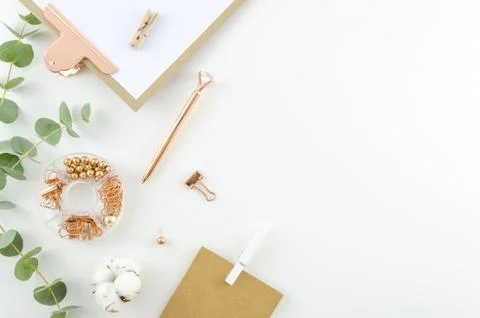 Flat lay, Top view office supplies table desk. Feminine desk workspace frame Stock Photos